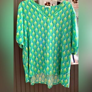 Maui Mamas XL Aqua Dreams Tunic Top Rayon Spandex Roll Tab Button Sleeves EUC